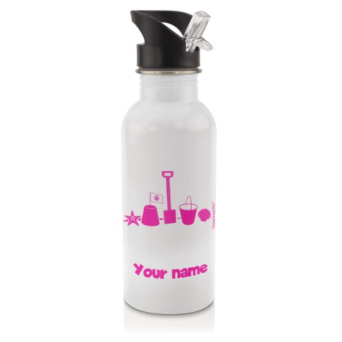 in White (600ml) with Drinking Straw (Bucket & Spade Icon) Fuchsia Pink (Optional Personalised Gift Text)