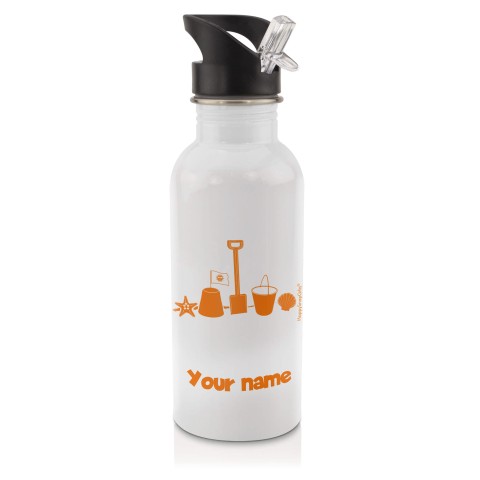 in White (600ml) with Drinking Straw (Bucket & Spade Icon) Orange (Optional Personalised Gift Text)