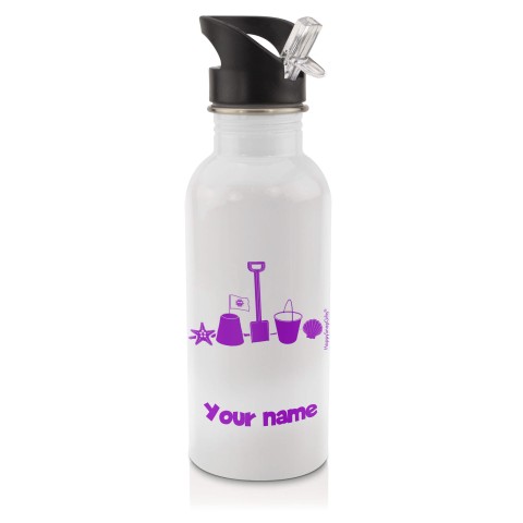 in White (600ml) with Drinking Straw (Bucket & Spade Icon) Purple (Optional Personalised Gift Text)