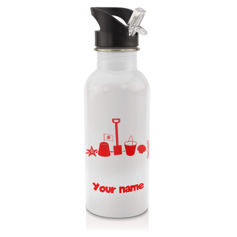 in White (600ml) with Drinking Straw (Bucket & Spade Icon) Red (Optional Personalised Gift Text)