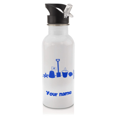 in White (600ml) with Drinking Straw (Bucket & Spade Icon) Royal Blue (Optional Personalised Gift Text)