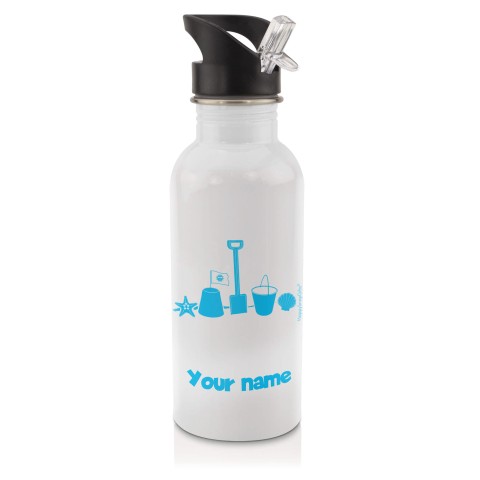 in White (600ml) with Drinking Straw (Bucket & Spade Icon) Sky Blue (Optional Personalised Gift Text)