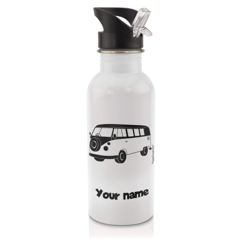 in White (600ml) with Drinking Straw (Camper Van Icon) Black (Optional Personalised Gift Text)