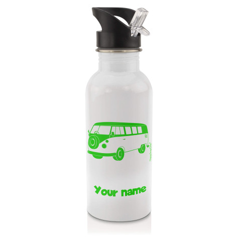 in White (600ml) with Drinking Straw (Camper Van Icon) Bright Green (Optional Personalised Gift Text)