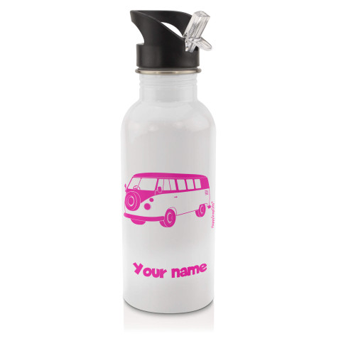 in White (600ml) with Drinking Straw (Camper Van Icon) Fuchsia Pink (Optional Personalised Gift Text)
