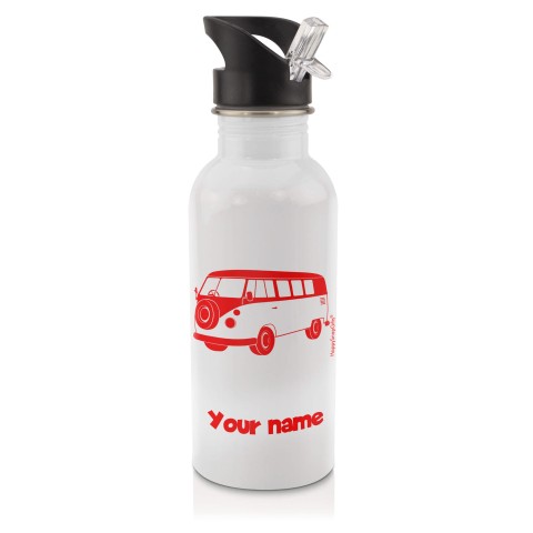 in White (600ml) with Drinking Straw (Camper Van Icon) Red (Optional Personalised Gift Text)