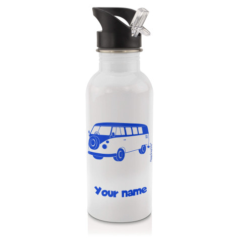 in White (600ml) with Drinking Straw (Camper Van Icon) Royal Blue (Optional Personalised Gift Text)