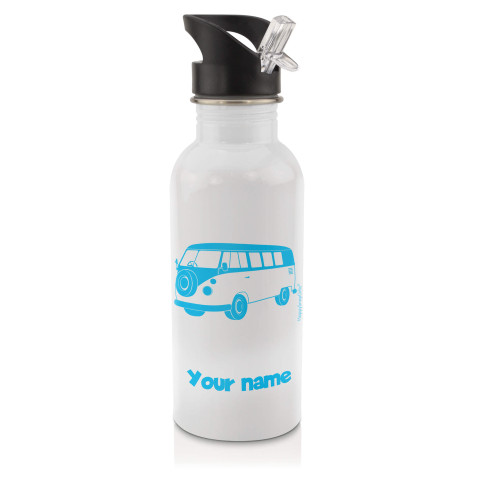 in White (600ml) with Drinking Straw (Camper Van Icon) Sky Blue (Optional Personalised Gift Text)