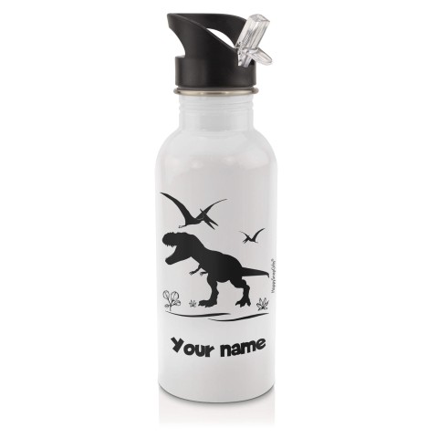 in White (600ml) with Drinking Straw with Dinosaur Icon Black (Optional Personalised Gift Text)