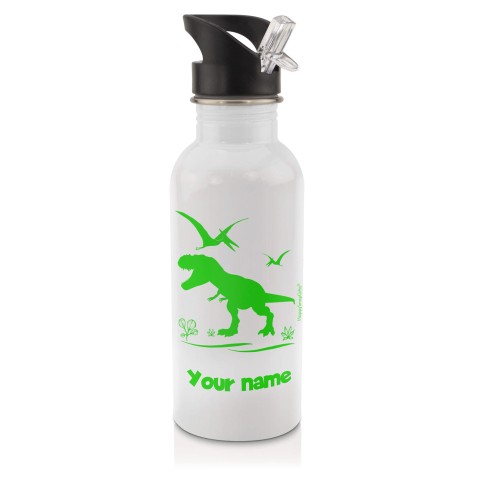 in White (600ml) with Drinking Straw with Dinosaur Icon Bright Green (Optional Personalised Gift Text)