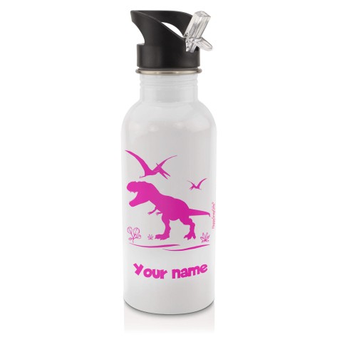 in White (600ml) with Drinking Straw with Dinosaur Icon Fuchsia Pink (Optional Personalised Gift Text)