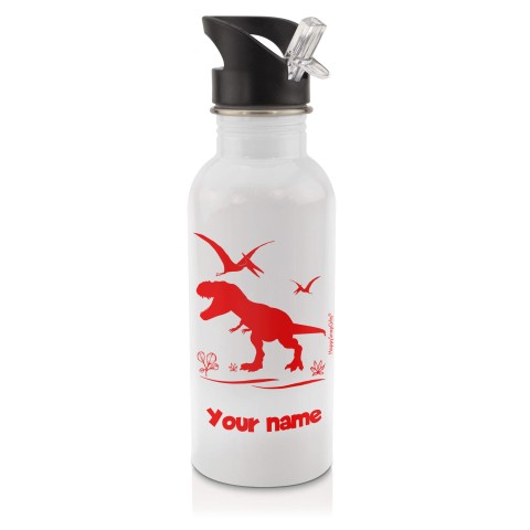 in White (600ml) with Drinking Straw with Dinosaur Icon Red (Optional Personalised Gift Text)