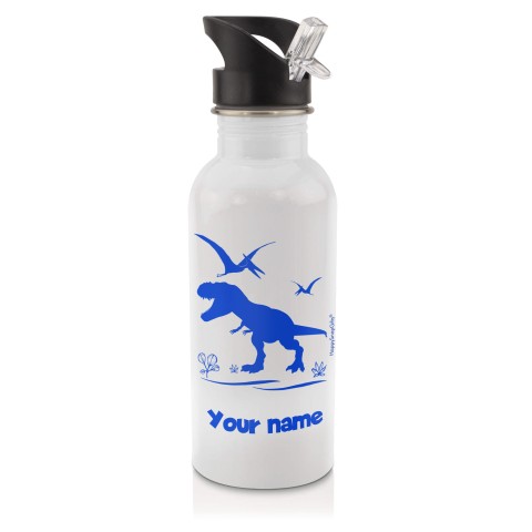 in White (600ml) with Drinking Straw with Dinosaur Icon Royal Blue (Optional Personalised Gift Text)