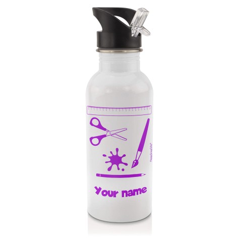 in White (600ml) with Drinking Straw with Paint & Craft Icon Purple (Optional Personalised Gift Text)