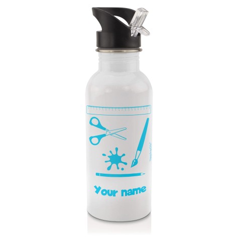 in White (600ml) with Drinking Straw with Paint & Craft Icon Sky Blue (Optional Personalised Gift Text)
