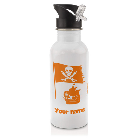 in White (600ml) with Drinking Straw (Pirate Flag Icon) Orange (Optional Personalised Gift Text)