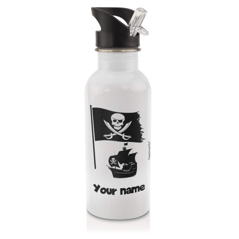 in White (600ml) with Drinking Straw (Pirate Flag Icon) Black (Optional Personalised Gift Text)