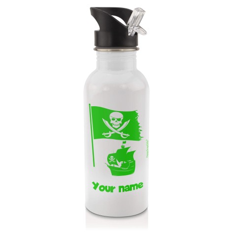 in White (600ml) with Drinking Straw (Pirate Flag Icon) Bright Green (Optional Personalised Gift Text)