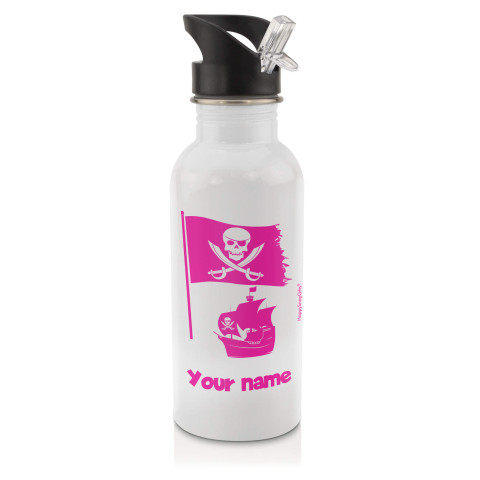 in White (600ml) with Drinking Straw (Pirate Flag Icon) Fuchsia Pink (Optional Personalised Gift Text)