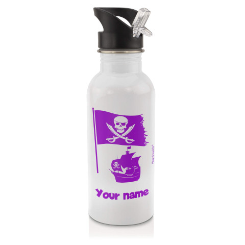 in White (600ml) with Drinking Straw (Pirate Flag Icon) Purple (Optional Personalised Gift Text)