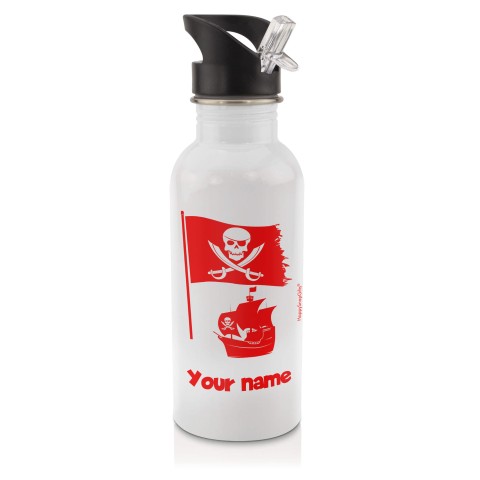 in White (600ml) with Drinking Straw (Pirate Flag Icon) Red (Optional Personalised Gift Text)