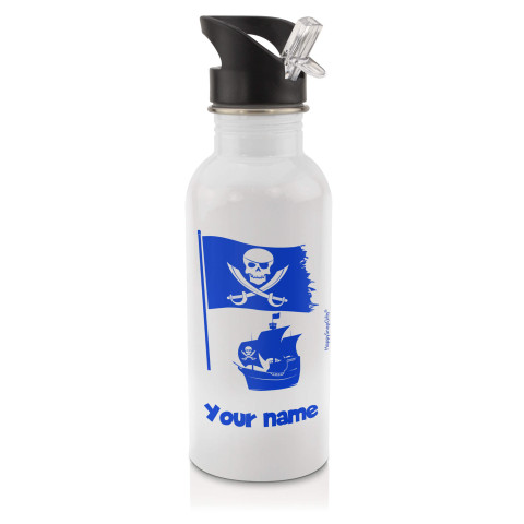 in White (600ml) with Drinking Straw (Pirate Flag Icon) Royal Blue (Optional Personalised Gift Text)
