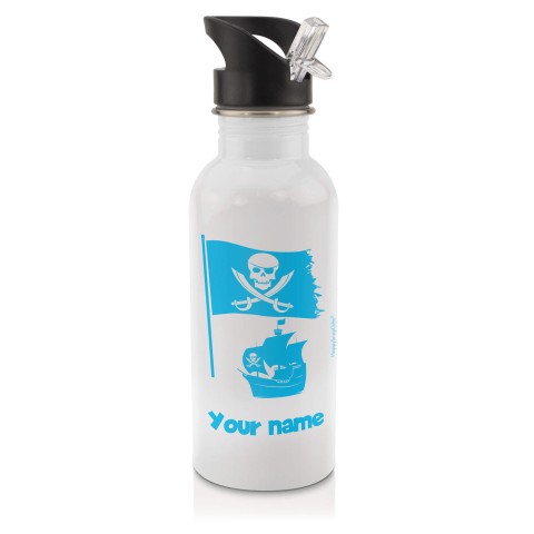 in White (600ml) with Drinking Straw (Pirate Flag Icon) Sky Blue (Optional Personalised Gift Text)