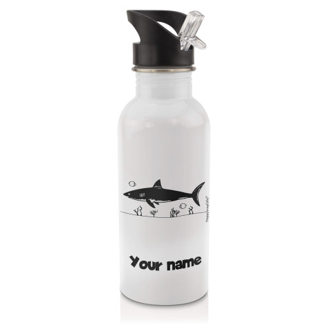 in White (600ml) with Drinking Straw (Shark Icon) Black (Optional Personalised Gift Text)