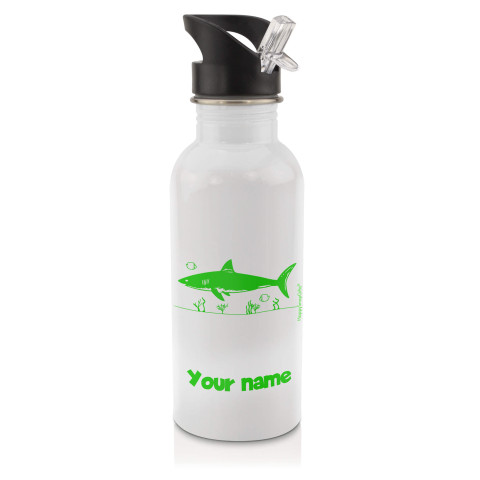 in White (600ml) with Drinking Straw (Shark Icon) Bright Green (Optional Personalised Gift Text)