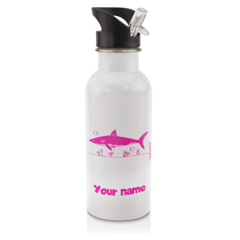 in White (600ml) with Drinking Straw (Shark Icon) Fuchsia Pink (Optional Personalised Gift Text)