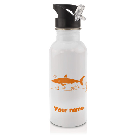 in White (600ml) with Drinking Straw (Shark Icon) Orange (Optional Personalised Gift Text)