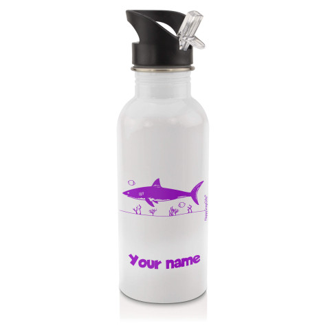 in White (600ml) with Drinking Straw (Shark Icon) Purple (Optional Personalised Gift Text)