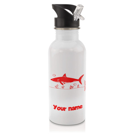 in White (600ml) with Drinking Straw (Shark Icon) Red (Optional Personalised Gift Text)