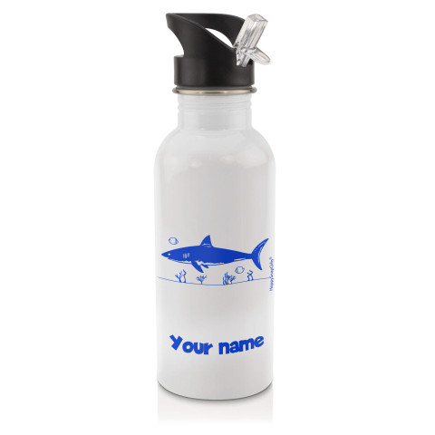 in White (600ml) with Drinking Straw (Shark Icon) Royal Blue (Optional Personalised Gift Text)
