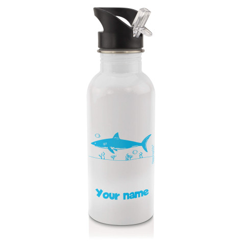 in White (600ml) with Drinking Straw (Shark Icon) Sky Blue (Optional Personalised Gift Text)