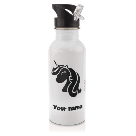 in White (600ml) with Drinking Straw (Unicorn Icon) Black (Optional Personalised Gift Text)