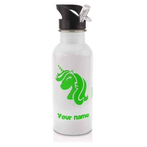 in White (600ml) with Drinking Straw (Unicorn Icon) Bright Green (Optional Personalised Gift Text)