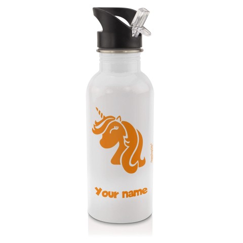 in White (600ml) with Drinking Straw (Unicorn Icon) Orange (Optional Personalised Gift Text)