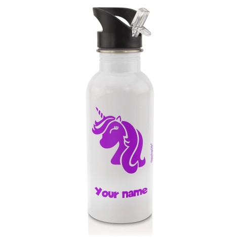 in White (600ml) with Drinking Straw (Unicorn Icon) Purple (Optional Personalised Gift Text)