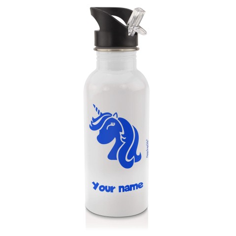 in White (600ml) with Drinking Straw (Unicorn Icon) Royal Blue (Optional Personalised Gift Text)