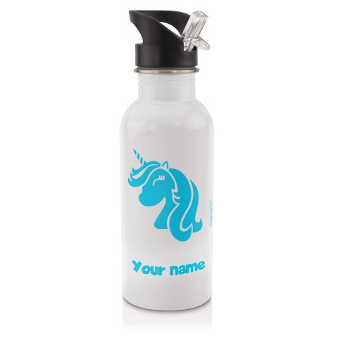 in White (600ml) with Drinking Straw (Unicorn Icon) Sky Blue (Optional Personalised Gift Text)