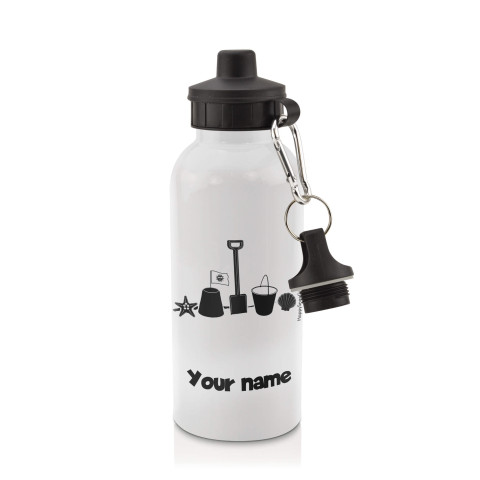 in White (600ml) with Screw Cap (Bucket & Spade Icon) Black (Optional Personalised Gift Text)