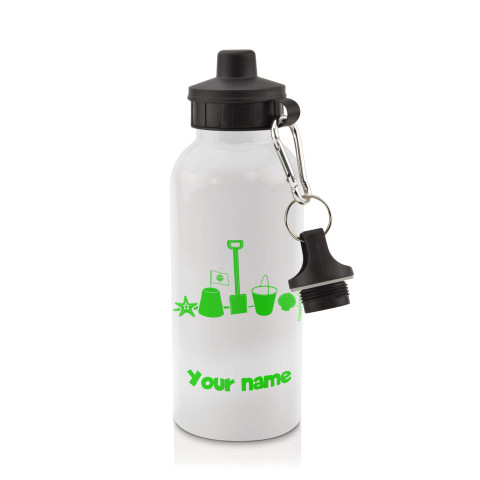 in White (600ml) with Screw Cap (Bucket & Spade Icon) Bright Green (Optional Personalised Gift Text)