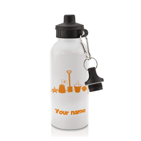 in White (600ml) with Screw Cap (Bucket & Spade Icon) Orange (Optional Personalised Gift Text)