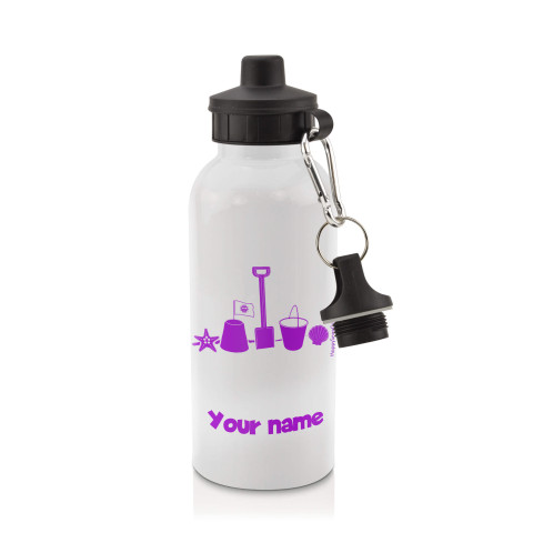 in White (600ml) with Screw Cap (Bucket & Spade Icon) Purple (Optional Personalised Gift Text)