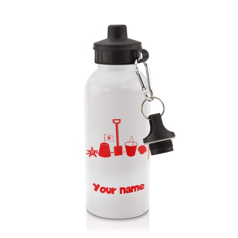in White (600ml) with Screw Cap (Bucket & Spade Icon) Red (Optional Personalised Gift Text)
