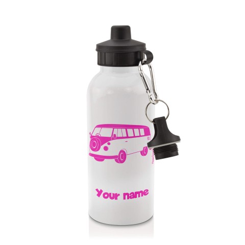 in White (600ml) with Screw Cap (Camper Van Icon) Fuchsia Pink (Optional Personalised Gift Text)
