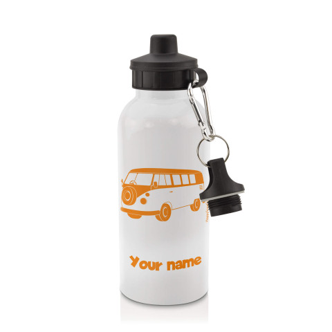 in White (600ml) with Screw Cap (Camper Van Icon) Orange (Optional Personalised Gift Text)