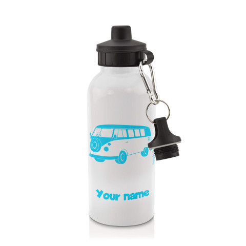 in White (600ml) with Screw Cap (Camper Van Icon) Sky Blue (Optional Personalised Gift Text)