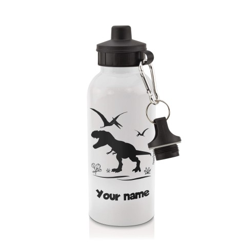 in White (600ml) with Screw Cap with Dinosaur Icon Black (Optional Personalised Gift Text)